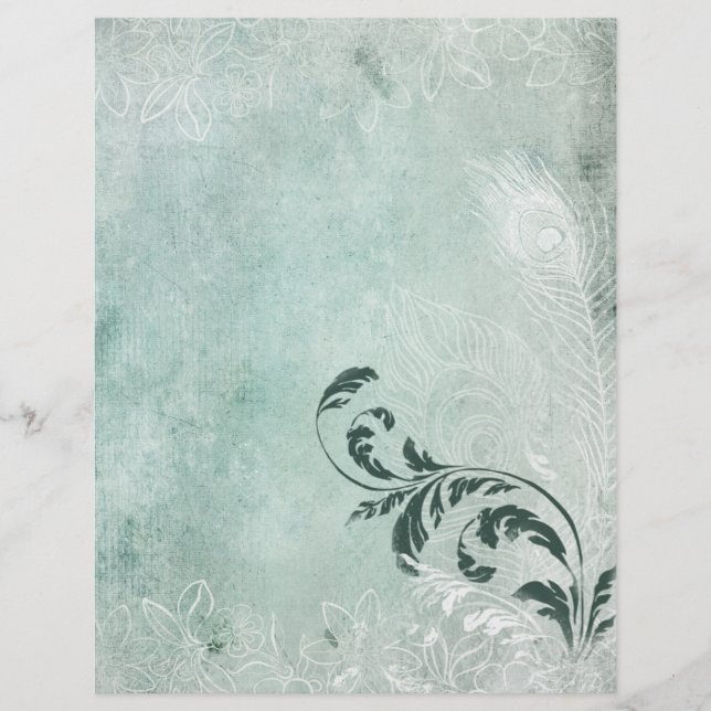 Pale Green & White Peacock Feather Scrapbook Paper (Front)