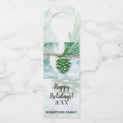 Pale Green Winter Pine Cone Watercolor Bottle Hanger Tag