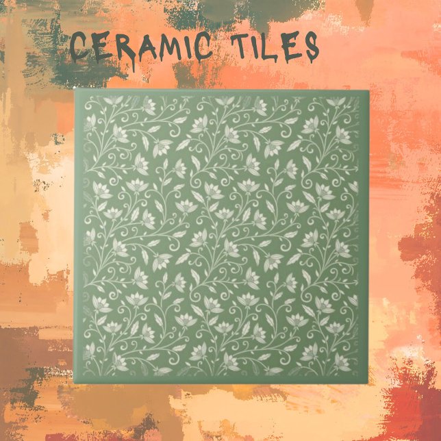 Pale Green with White Florals  Ceramic Tile (Creator Uploaded)