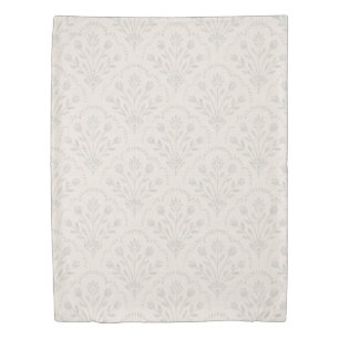 Pale Grey Folk Floral Scallop Pattern Duvet Cover