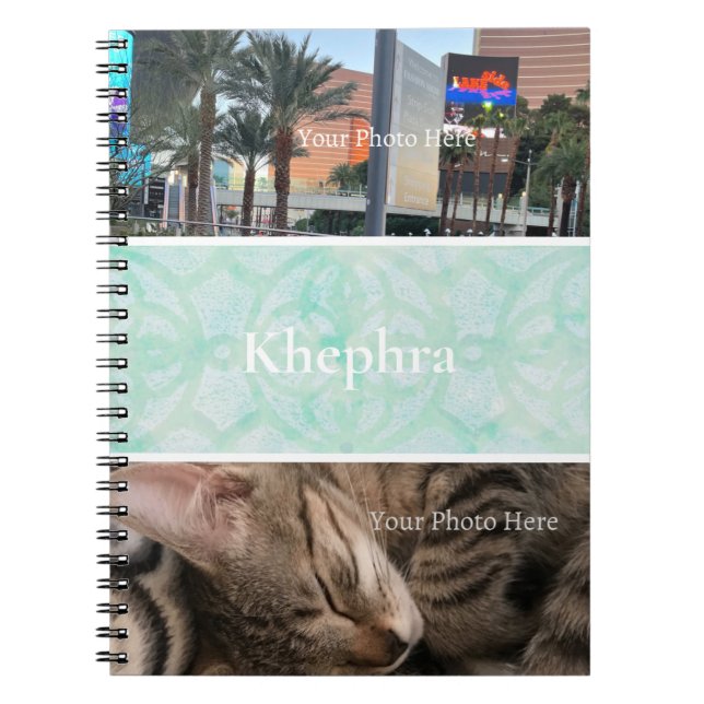 Pale Jade Batik Photo Collage, Border, Name  Notebook (Front)