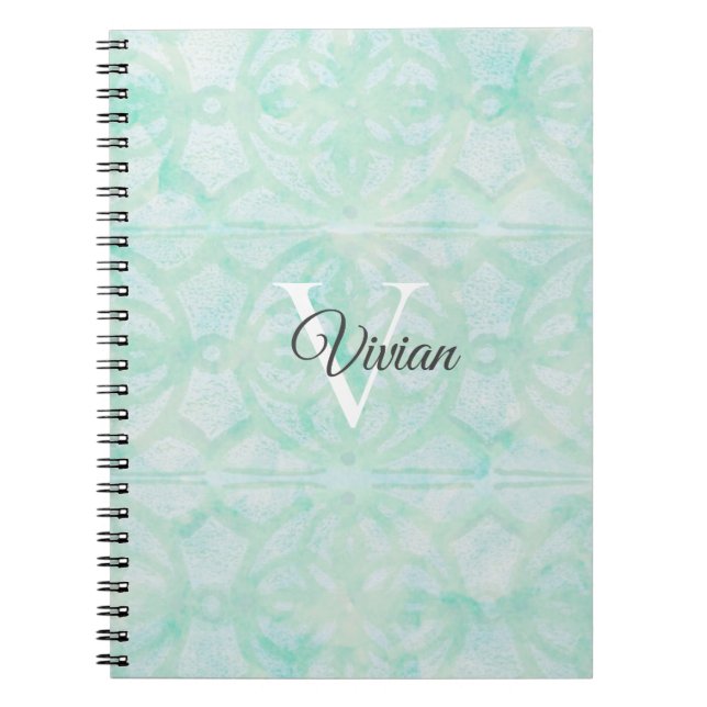 Pale Jade Green Watercolor Monogram Name Notebook (Front)