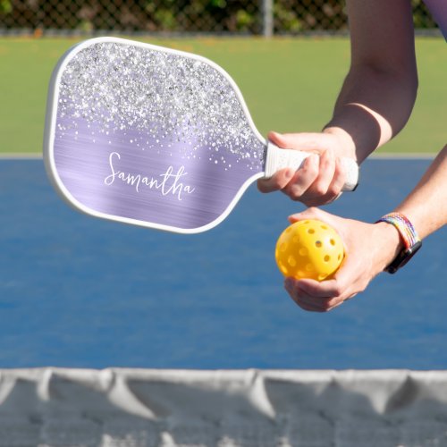 Pale Lavender and Glittery Silver Glam Script Name Pickleball Paddle