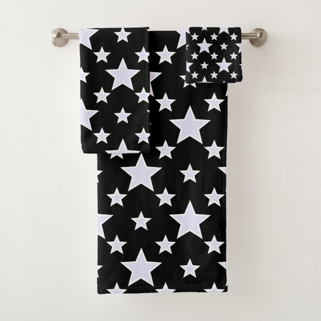 Pale Lavender and White Stars on Black Bath Towel Set (Insitu)