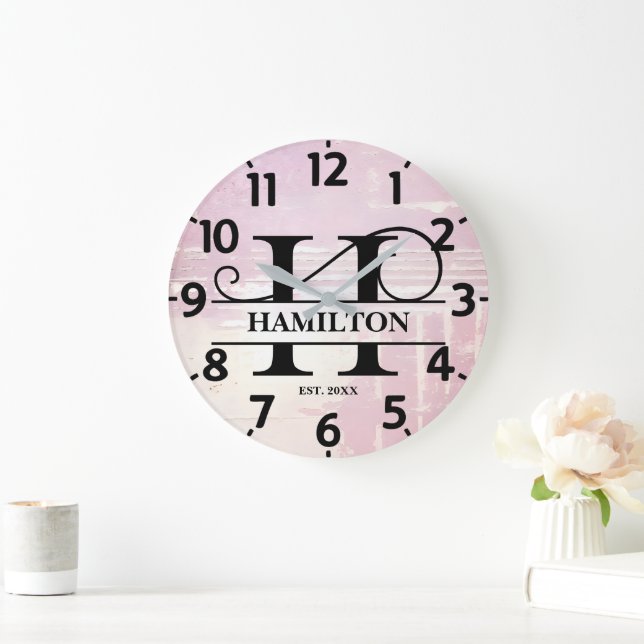 Pale Lavender Distressed H Monogram Large Clock (Home)