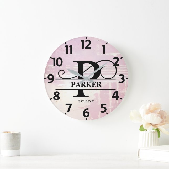 Pale Lavender Distressed P Monogram Large Clock (Home)