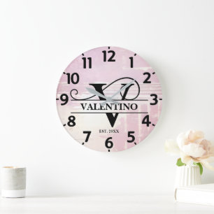 Pale Lavender Distressed V Monogram Large Clock