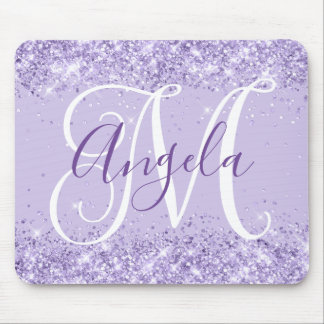 Pale Lavender Glitter Elegant Script Monogram Mouse Pad
