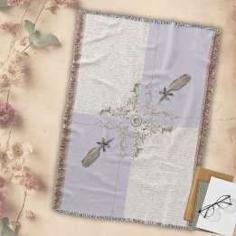 Pale Lavender Serene Manuscript Woven Fringe Throw Blanket