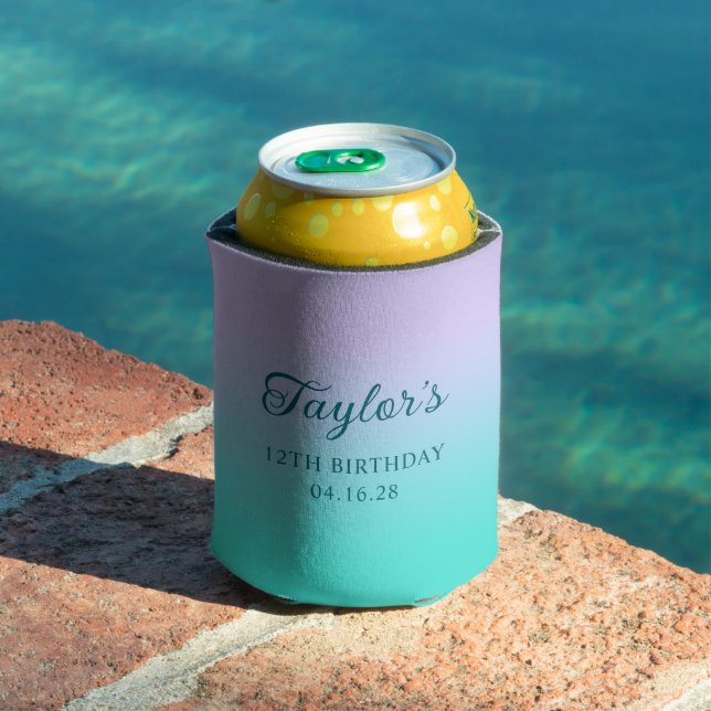 Pale Lavender Turquoise Ombre 12th Birthday Can Cooler (In Situ Pool)