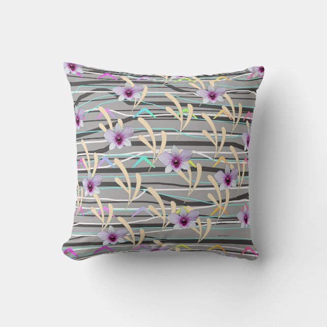 Pale Leaf Gray Pattern Purple Center Floral  Throw Pillow (Front)
