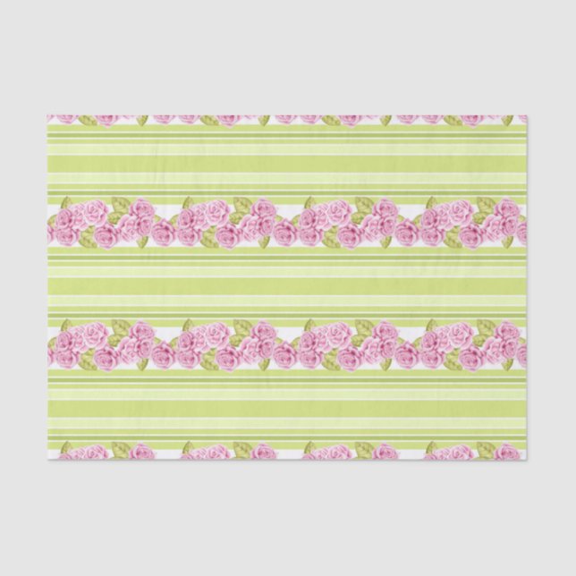 PALE LIME GREEN STRIPES & DELICATE PINK FLOWERS TISSUE PAPER (Front)