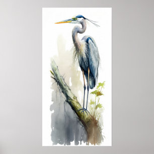 Pale Majesty Great Blue Heron Perched AI Nature Poster