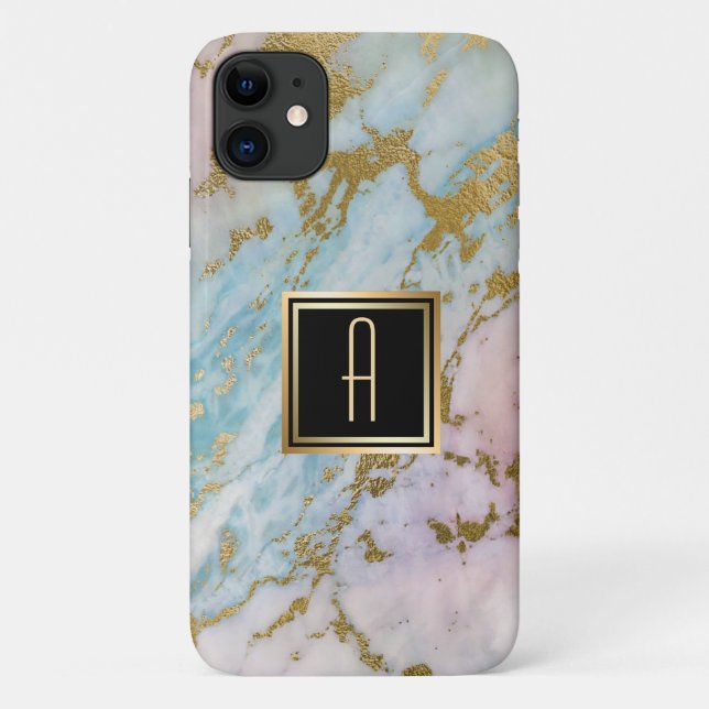 Pale Marble Gold Turquoise Monogram Case-Mate iPhone Case (Back)