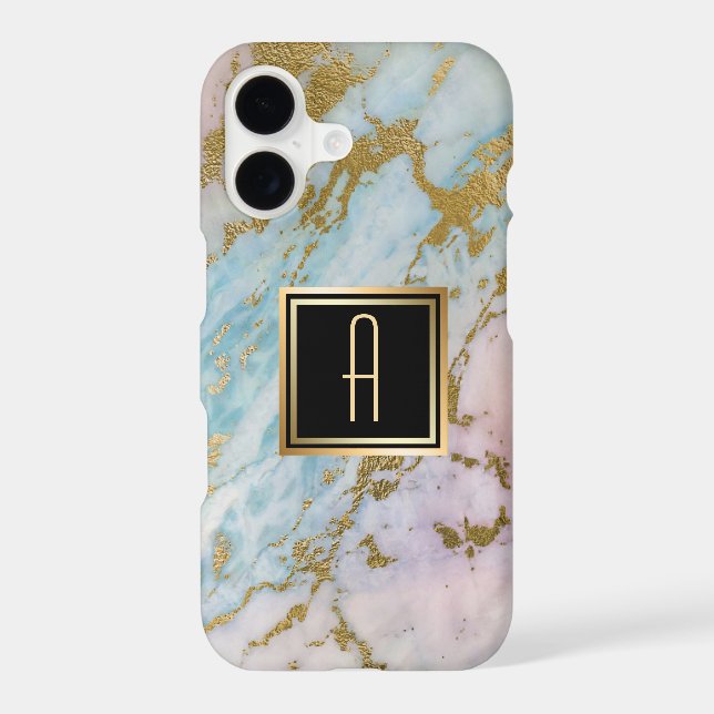 Pale Marble Gold Turquoise Monogram Iphone Case (Back)