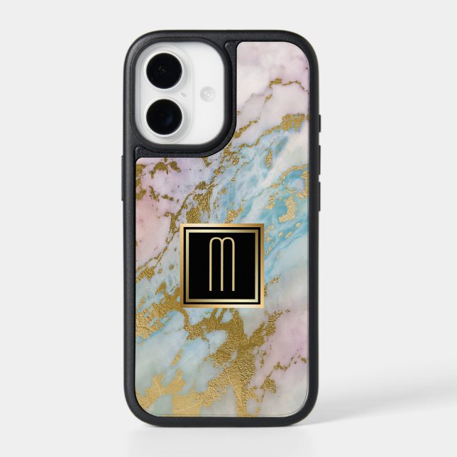 Pale Marble Gold Turquoise Monogram Otterbox iPhone Case (Back)