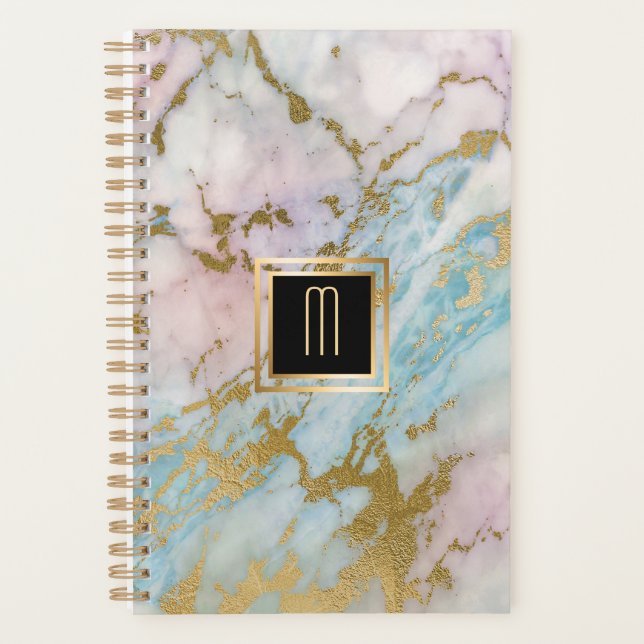 Pale Marble Gold Turquoise Monogram Planner (Front)