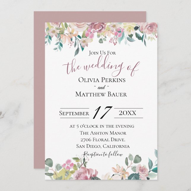Pale Mauve Floral Wedding Invitation (Front/Back)