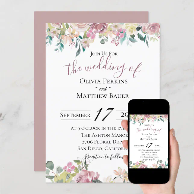 Pale Mauve Floral Wedding Invitation | Zazzle