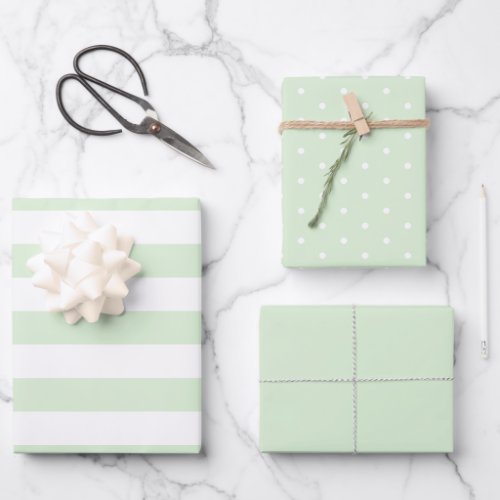 Pale Milky Green Polka Dot Wide Striped and Solid Wrapping Paper Sheets