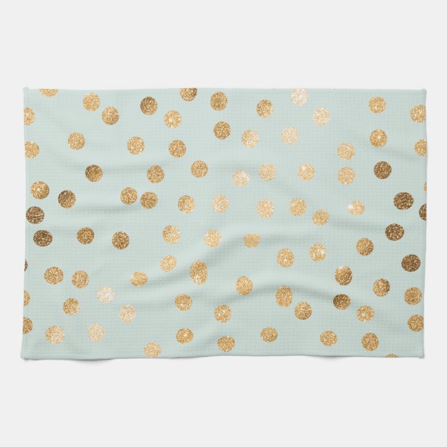 Pale Mint Blue and Gold Glitter City Dots Kitchen Towel (Horizontal)