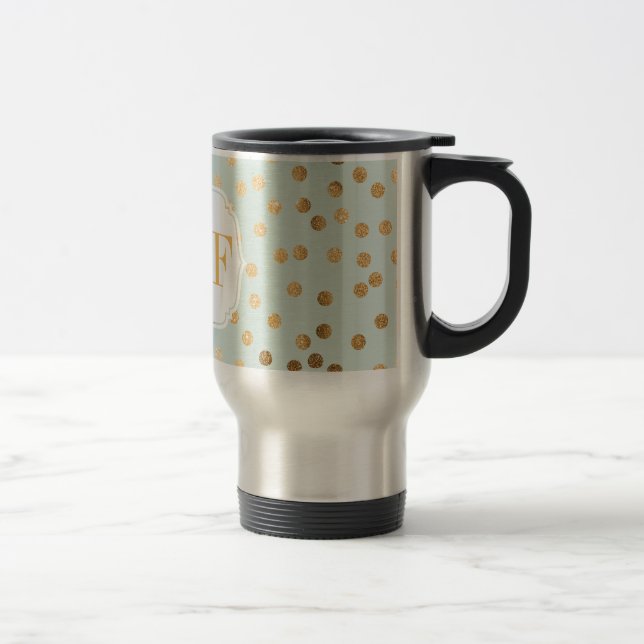 Pale Mint Blue and Gold Glitter City Dots Travel Mug (Right)