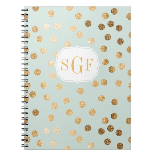 Pale Mint Blue and Gold Glitter Dots Monogram Jour Notebook