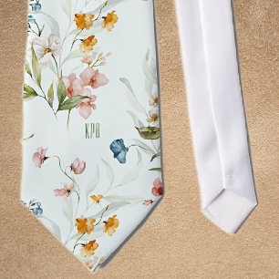 Pale Mint Cream, Initials, Colorful Floral Neck Tie