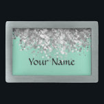 Pale mint green and faux glitter personalized belt buckle<br><div class="desc">Easily personalize this chic elegant girly faux silver metallic glitter sparkle bling and pale mint green aqua plain modern background with your custom text, name or monogram initials to make a unique sophisticated personalized gift. Click Customize to adjust the text / font size or style. PLEASE NOTE the silver is...</div>