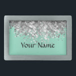 Pale mint green and faux glitter personalized belt buckle<br><div class="desc">Easily personalize this chic elegant girly faux silver metallic glitter sparkle bling and pale mint green aqua plain modern background with your custom text, name or monogram initials to make a unique sophisticated personalized gift. Click Customize to adjust the text / font size or style. PLEASE NOTE the silver is...</div>