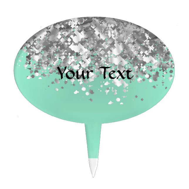 Pale mint green and faux glitter personalized cake topper (Front)