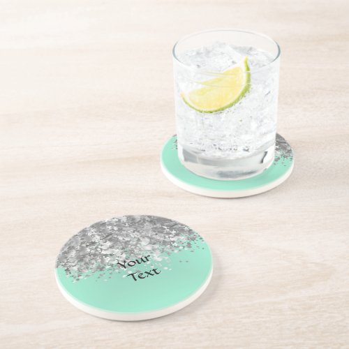 Pale mint green and faux glitter personalized drink coaster