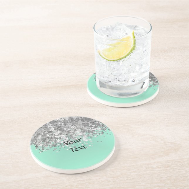 Pale mint green and faux glitter personalized drink coaster (Side)