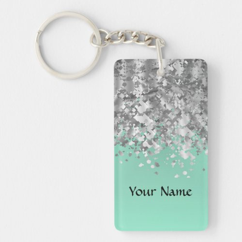 Pale mint green and faux glitter personalized keychain