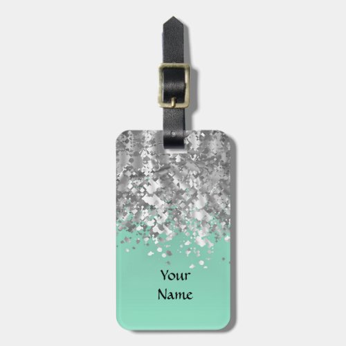 Pale mint green and faux glitter personalized luggage tag