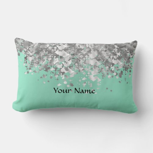 Pale mint green and faux glitter personalized lumbar pillow