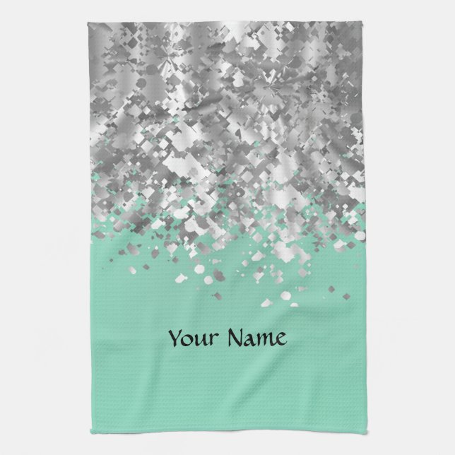 Pale mint green and faux glitter personalized towel (Vertical)