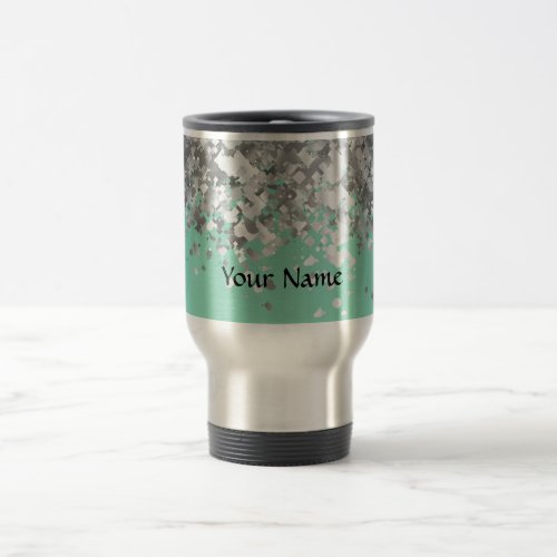 Pale mint green and faux glitter personalized travel mug