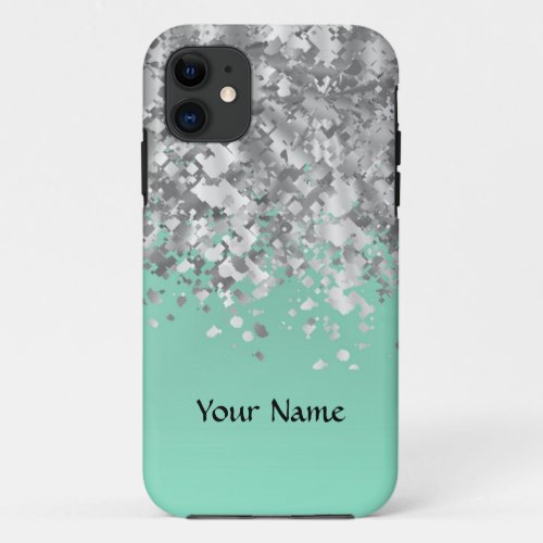 Pale mint green faux glitter personalized iPhone 11 case