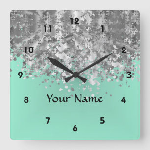 Pale mint green faux glitter personalized square wall clock