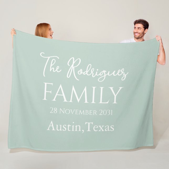 Pale Mint White Simple Customizable Family Name  Fleece Blanket (In Situ)
