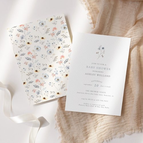 Pale Modern Simple Floral Baby Shower Invitation