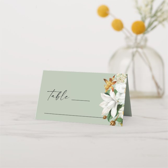 Pale Moss Green Botanical Wedding | White Florals Place Card (Front)
