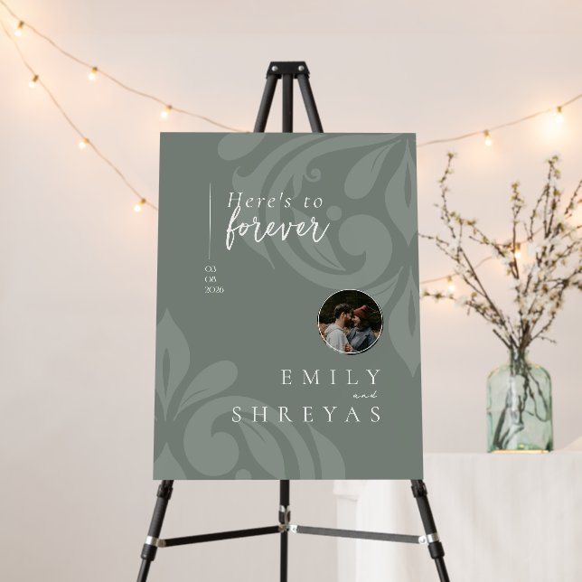Pale Olive Damask Photo Wedding Welcome Sign (In Situ (Stand))