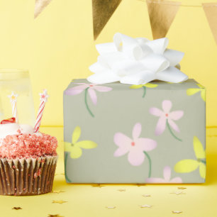 Pale Olive Khaki Sage Beige Yellow Pink Floral  Wrapping Paper