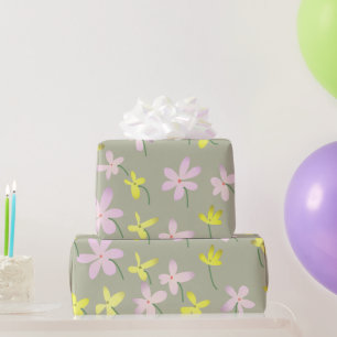 Pale Olive Khaki Sage Beige Yellow Pink Floral Wrapping Paper
