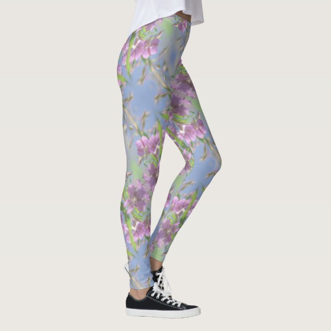 Pale Pastel Blue Sky Wild Flowers Purple Pink Leggings (Right)