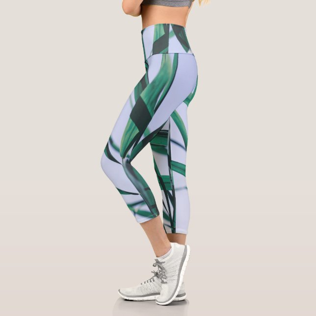 Pale Pastel Green Grass Reeds Sky Capri Leggings (Left)