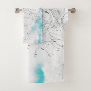 Pale Pastel Light Blue Turquoise Tree Brunches Sky Bath Towel Set