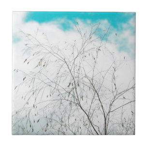Pale Pastel Light Blue Turquoise Tree Brunches Sky Ceramic Tile
